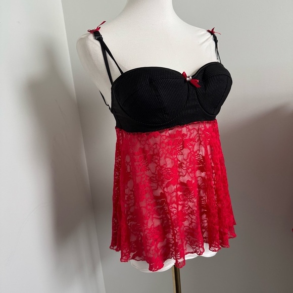 Vintage Y2K Red & Black Lace Babydoll Lingerie – Sweetheart Pin-Up Style M - Picture 4 of 7